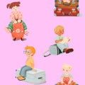 Seamless pattern of smiling girl in jeans and Asian kid, a little blonde tourist, calm, dreaming red-haired boy with glasses is Royalty Free Stock Photo