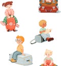 Seamless pattern of smiling girl in jeans and Asian kid, a little blonde tourist, calm, dreaming red-haired boy with glasses is Royalty Free Stock Photo