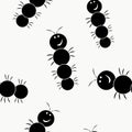 Seamless pattern with smiling happy cartoon insects, caterpillars, millipedes. Repeating black silhouettes of garden