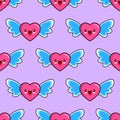 Seamless pattern of smiling hearts with wings on purple background wallpaper textile Valentine s Day love Royalty Free Stock Photo