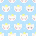 Seamless pattern with smiling sleeping bears and crowns.