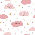 Seamless pattern with smiling sleeping clouds stars Pink baby girl pattern Vector Royalty Free Stock Photo