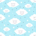 Seamless pattern with smiling sleeping clouds and stars. Royalty Free Stock Photo