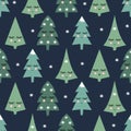 Seamless pattern with smiling sleeping xmas trees and snowflakes. Happy new year background. Royalty Free Stock Photo