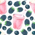 Seamless pattern.Smoothie with blackberries.Watercolor illustration. Isolated on a white background.