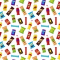 Seamless pattern snack product for vending machine. Fast food snacks, drinks, nuts, chips, juice for vendor machine bar