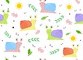 Seamless pattern with a snail. Vector illustration with snail, fern leaf, sun, star, doodle Royalty Free Stock Photo