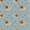 Seamless pattern with snails producing mucin on blue background.