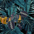 Seamless pattern with snakes and blue tropical plants. Royalty Free Stock Photo