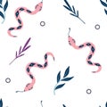 Seamless pattern with snakes and leaves. Halloween Decor. Background with mystical elements. Perfect for Accessories textile, Royalty Free Stock Photo