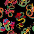 Seamless pattern with snakes set. Old school tattoo design. Colorful reptiles on black background. Royalty Free Stock Photo