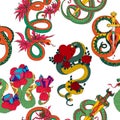 Seamless pattern with snakes set. Old school tattoo design. Colorful reptiles on white background. Royalty Free Stock Photo