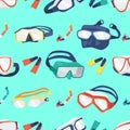 Seamless Pattern With Snorkel Masks And Flippers. Repeating Design Featuring Underwater Gear Ideal For Beach Projects