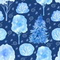 Seamless pattern with snow firs, trees and snowflakes on navy blue background