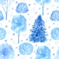 Seamless pattern with snow firs, trees and snowflakes on white background.
