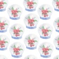 Seamless pattern with snow globe with red flowers of poinsettia and pomegranate inside for Christmas decoration. Hand drawn sketch Royalty Free Stock Photo