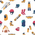 Seamless Pattern with Snowboarder Essentials and Gear. Board, Skis, Action Camera, Helmet And Goggles, Tile Background