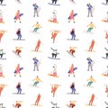 Seamless pattern with snowboarders on white background. Happy people riding snowboards in winter. Endless repeatable