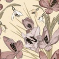 Seamless pattern with snowdrop and crocus flowers