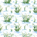 Seamless pattern with snowdrops and snow. Watercolor illustration isolated on white Royalty Free Stock Photo