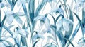 Seamless pattern of snowdrops in various shades of blue, with delicate green leaves and grasses Royalty Free Stock Photo