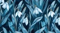 Seamless pattern of snowdrops in various shades of blue, with delicate green leaves and grasses Royalty Free Stock Photo