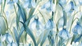 Seamless pattern of snowdrops in various shades of blue, with delicate green leaves and grasses Royalty Free Stock Photo