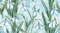 Seamless pattern of snowdrops in various shades of blue, with delicate green leaves and grasses Royalty Free Stock Photo