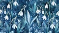 Seamless pattern of snowdrops in various shades of blue, with delicate green leaves and grasses Royalty Free Stock Photo