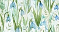 Seamless pattern of snowdrops in various shades of blue, with delicate green leaves and grasses Royalty Free Stock Photo