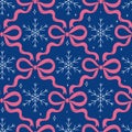 Seamless pattern with snowflakes and bows on a blue background. Vector graphics. Royalty Free Stock Photo
