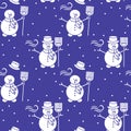 Seamless pattern with snowman, broom, hat, wind.