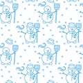 Seamless pattern with snowman, broom, hat, wind. Royalty Free Stock Photo