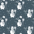 Seamless pattern with snowman, broom, hat, wind. Royalty Free Stock Photo