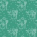 Seamless pattern with snowman, broom, hat, wind