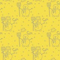 Seamless pattern with snowman, broom, hat, wind