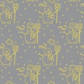 Seamless pattern with snowman, broom, hat, wind