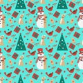 seamless pattern with snowman, dog, New Year bird, gifts and mittens on blue background.