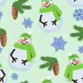 Seamless pattern with snowman and fir branches, snowflakes. Vector illustration.