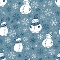 Seamless pattern with snowmen on blue background. Royalty Free Stock Photo