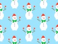 Seamless pattern with snowmen in a hat, scarf and mittens. Winter Christmas background with three-ball snowman. Xmas design for Royalty Free Stock Photo