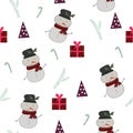 Seamless pattern with snownan, christmas trees, presents