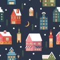 Seamless pattern. Snowy night in cozy christmas town. Winter christmas village day landscape. Vector illustration Royalty Free Stock Photo