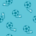 Seamless pattern with soccer balls on a green field. Hand-drawn football balls and soccer striped grass field. Vector Royalty Free Stock Photo