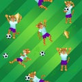 Seamless pattern of soccer field background and jaguars as players in uniform with balls and goblets