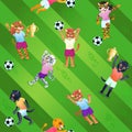Seamless pattern of soccer field background and wild cat girls as players in uniform with balls and goblets