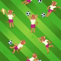 Seamless pattern of soccer field background and cougar girls as players in uniform with balls and goblets