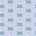 Seamless pattern with soft color ship with flag and blue wave