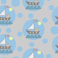 Seamless pattern with soft color ship with flag and blue wave