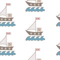 Seamless pattern with soft color ship with flag and wave on whit